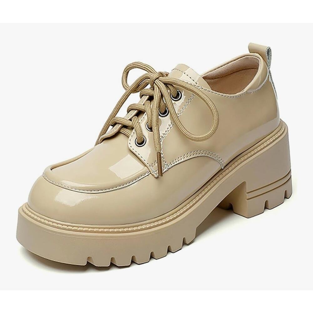 Patent Leather Chunky Platform Lug Sole Lace-Up Loafers Khaki Size 11 (43)